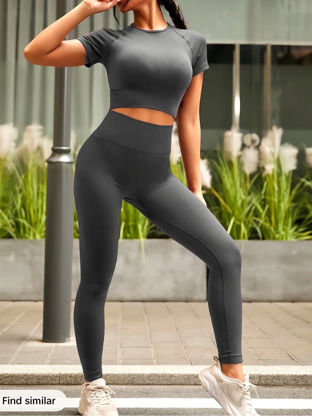 Seamless Charcoal Active Set - Crop Tee & High-Waist Leggings